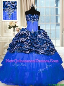 Fashionable Blue Ball Gowns Strapless Sleeveless Organza and Printed Floor Length Lace Up Beading and Sequins Quinceanera Gown