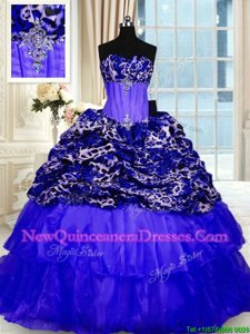 Inexpensive Printed Sequins Ruffled Ball Gowns Sleeveless Royal Blue 15 Quinceanera Dress Sweep Train Lace Up