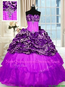 Hot Selling Printed Lace Up Sweet 16 Dress Purple and In for Military Ball and Sweet 16 and Quinceanera withBeading and Ruffled Layers Sweep Train