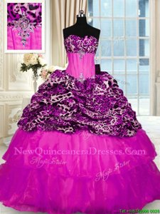 Elegant Printed Sleeveless Sweep Train Lace Up Beading and Ruffled Layers and Sequins Ball Gown Prom Dress