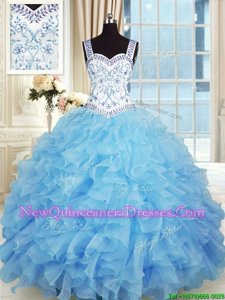 Smart Baby Blue Organza Lace Up Quinceanera Dress Sleeveless Floor Length Beading and Appliques and Ruffles