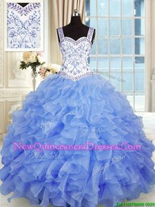 Fine Blue Sleeveless Organza Lace Up Sweet 16 Dress for Military Ball and Sweet 16 and Quinceanera