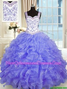 Noble Purple Ball Gowns Organza Sweetheart Sleeveless Beading and Appliques and Ruffles Floor Length Lace Up 15 Quinceanera Dress
