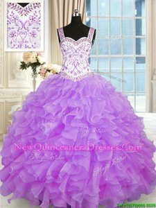 Exceptional Organza Sweetheart Sleeveless Lace Up Beading and Appliques and Ruffles 15th Birthday Dress inLilac