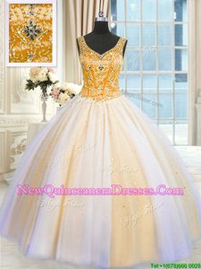 Ideal Multi-color Ball Gowns V-neck Sleeveless Tulle Floor Length Lace Up Beading and Sequins Quinceanera Dresses