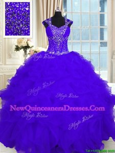 Modern Organza Straps Cap Sleeves Lace Up Beading and Ruffles Sweet 16 Quinceanera Dress inPurple