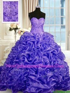 Gorgeous Purple Ball Gowns Sweetheart Sleeveless Organza Sweep Train Lace Up Beading and Pick Ups Quince Ball Gowns