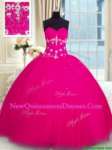 Pretty Fuchsia Sleeveless Floor Length Beading Lace Up Sweet 16 Dresses