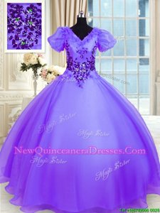Best Selling Lavender Sweet 16 Dress Military Ball and Sweet 16 and Quinceanera and For withAppliques V-neck Short Sleeves Lace Up
