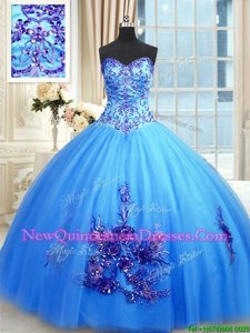 Edgy Blue Ball Gowns Tulle Sweetheart Sleeveless Beading and Appliques and Embroidery Floor Length Lace Up 15th Birthday Dress