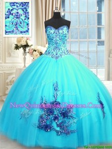 Dazzling Floor Length Ball Gowns Sleeveless Baby Blue Quinceanera Dresses Lace Up