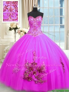 Great Fuchsia Sleeveless Beading and Appliques and Embroidery Floor Length Ball Gown Prom Dress