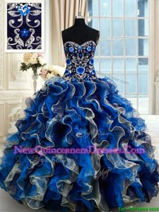 Gorgeous Multi-color Ball Gowns Organza Sweetheart Sleeveless Beading and Ruffles Floor Length Lace Up Quince Ball Gowns