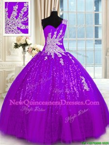 Elegant One Shoulder Sleeveless Lace Up Ball Gown Prom Dress Purple Tulle and Sequined