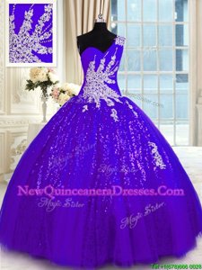 New Arrival Purple Ball Gown Prom Dress Military Ball and Sweet 16 and Quinceanera and For withAppliques One Shoulder Sleeveless Lace Up