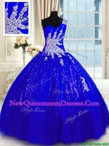 Fitting Royal Blue One Shoulder Lace Up Appliques Sweet 16 Dresses Sleeveless