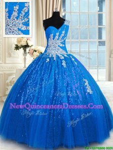 Pretty One Shoulder Blue Ball Gowns Appliques Ball Gown Prom Dress Lace Up Tulle and Sequined Sleeveless Floor Length