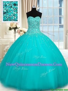 Elegant Turquoise Ball Gowns Tulle Sweetheart Sleeveless Beading Floor Length Lace Up 15 Quinceanera Dress