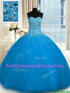 Glittering Tulle Sweetheart Sleeveless Lace Up Beading and Ruffles Quinceanera Dress inTeal