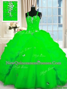 Custom Designed Spring Green Spaghetti Straps Lace Up Beading and Pick Ups Sweet 16 Dress Sleeveless