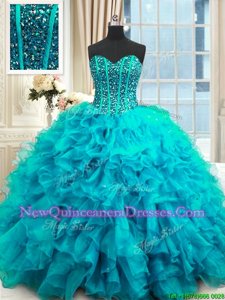 Custom Design Floor Length Lace Up Sweet 16 Dress Baby Blue and In for Military Ball and Sweet 16 and Quinceanera withBeading and Ruffles and Sequins