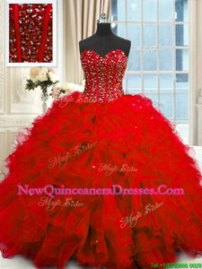 Sweetheart Sleeveless Organza Sweet 16 Dress Beading and Ruffles and Sequins Lace Up