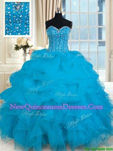 Fashion Baby Blue Sweetheart Lace Up Beading and Ruffles Quince Ball Gowns Sleeveless