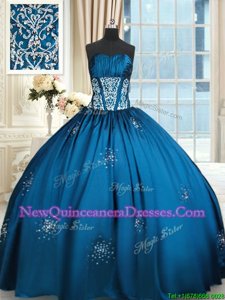 Glittering Blue and Teal Strapless Lace Up Beading and Appliques and Ruching Quinceanera Gowns Sleeveless