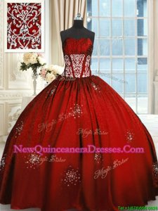 Beauteous Wine Red Ball Gowns Taffeta Strapless Sleeveless Beading and Appliques and Ruching Floor Length Lace Up Sweet 16 Dress