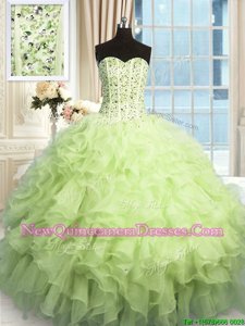 Eye-catching Yellow Green Ball Gowns Organza Sweetheart Sleeveless Beading and Ruffles and Sequins Floor Length Lace Up Quinceanera Dress