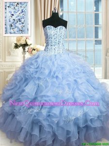Lavender Organza Lace Up Quinceanera Gown Sleeveless Floor Length Beading and Ruffles and Sequins