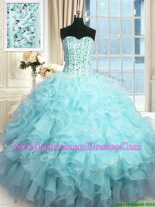 Most Popular Sequins Ball Gowns Quinceanera Dresses Baby Blue Sweetheart Organza Sleeveless Floor Length Lace Up