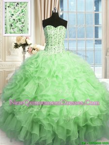 Fine Apple Green Sleeveless Beading and Ruffles Floor Length Quince Ball Gowns