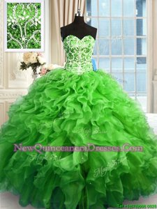 Modern Spring Green Ball Gowns Organza Sweetheart Sleeveless Beading and Ruffles Floor Length Lace Up 15th Birthday Dress