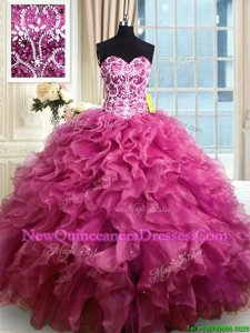 Enchanting Floor Length Lace Up Quinceanera Gowns Fuchsia and In for Military Ball and Sweet 16 and Quinceanera withBeading and Ruffles