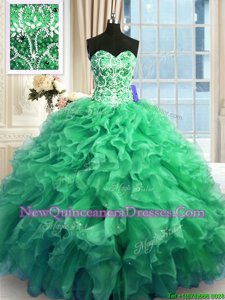 Custom Made Sleeveless Floor Length Beading and Ruffles Lace Up Quinceanera Gowns with Turquoise