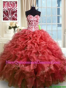 Vintage Wine Red Organza Lace Up 15 Quinceanera Dress Sleeveless Floor Length Beading and Ruffles