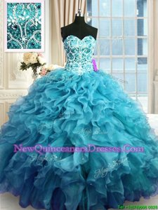 Trendy Sweetheart Sleeveless Lace Up Sweet 16 Dresses Teal Organza