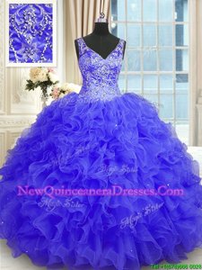 Hot Sale Ball Gowns Ball Gown Prom Dress Purple V-neck Organza Sleeveless Floor Length Zipper