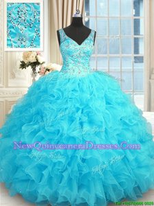 Glorious Ball Gowns 15 Quinceanera Dress Baby Blue V-neck Organza Sleeveless Floor Length Zipper