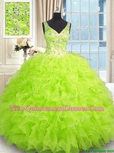 Traditional Spring Green Ball Gowns V-neck Sleeveless Organza Floor Length Zipper Beading and Ruffles Quinceanera Gown