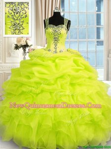 Sweet Yellow Green Ball Gowns Organza Straps Sleeveless Beading and Ruffles Floor Length Zipper 15 Quinceanera Dress