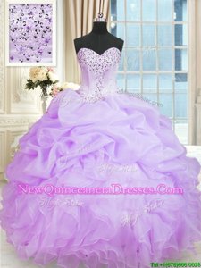 Customized Lavender Ball Gowns Organza Sweetheart Sleeveless Beading and Ruffles Floor Length Lace Up Vestidos de Quinceanera