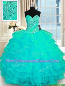 Dynamic Floor Length Turquoise Quinceanera Gowns Organza Sleeveless Spring and Summer and Fall and Winter Beading and Ruffled Layers