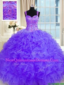 High Quality Purple Ball Gowns Straps Long Sleeves Organza Floor Length Lace Up Beading and Embroidery and Ruffles 15th Birthday Dress