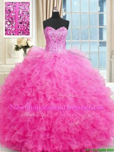 Sleeveless Floor Length Beading and Ruffles Lace Up 15 Quinceanera Dress with Hot Pink