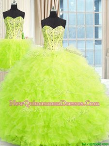High End Three Piece Tulle Strapless Sleeveless Lace Up Beading and Ruffles Quinceanera Gowns inSpring Green
