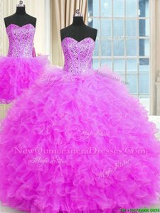 Pretty Three Piece Lilac Tulle Lace Up Strapless Sleeveless Floor Length 15 Quinceanera Dress Beading and Ruffles