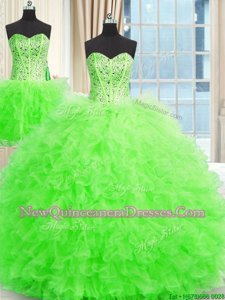 Custom Fit Three Piece Spring Green Sleeveless Floor Length Beading and Ruffles Lace Up Quinceanera Dresses