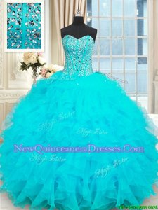 Flare Baby Blue Organza Lace Up Sweet 16 Quinceanera Dress Sleeveless Floor Length Beading and Ruffles